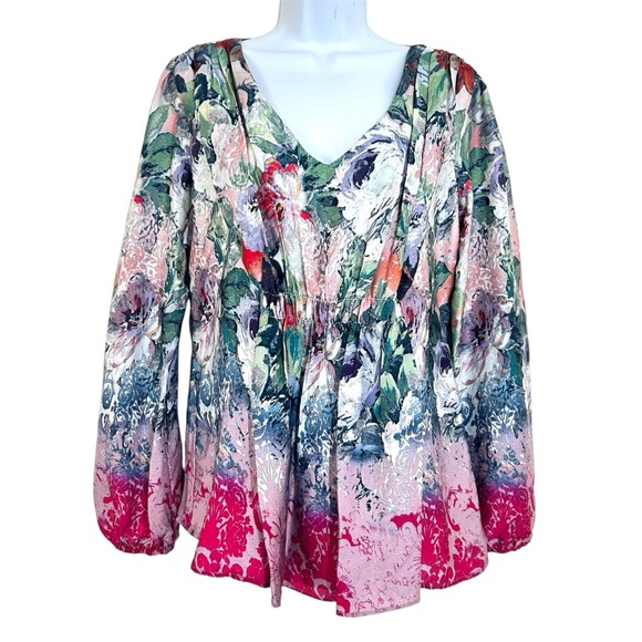 Sundance Samantha Silk Watercolor Floral Blouse Size M Smocked Romantic Fairy - Picture 2 of 10
